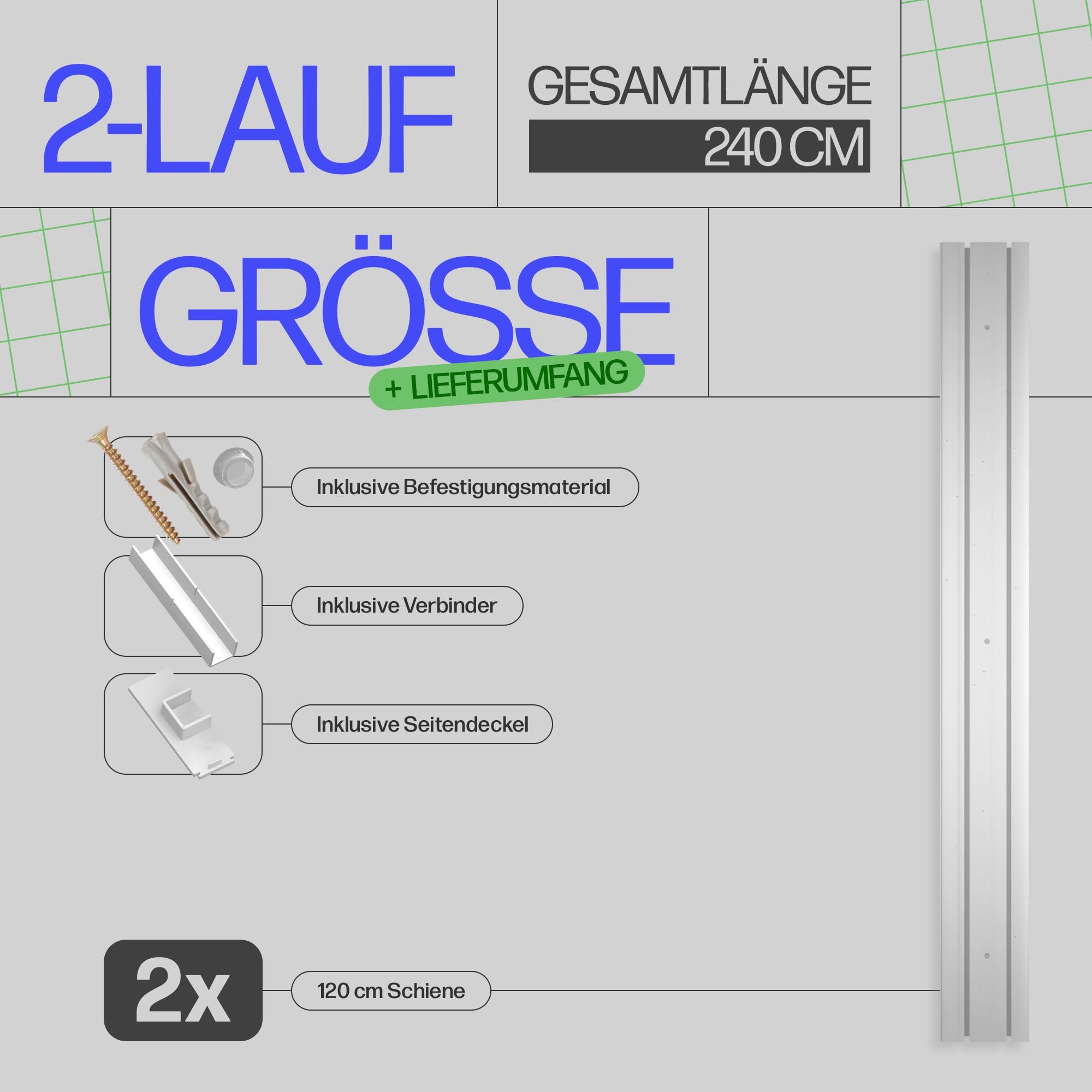 Bestlivings Gardinenschiene (240cm / 2-läufig), Vorhangschiene Komplettset inkl. Zubehör (Befestigungs-Set, Seitendeckel, Gardinenröllchen)