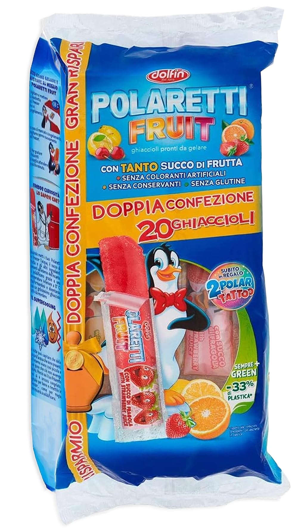 Fruit BLU Doppia Confezione con 20 Ghiaccioli al gusto di Frutta Assortita: Arancia, Fragola, Amarena e Limone per polaretti 840ml