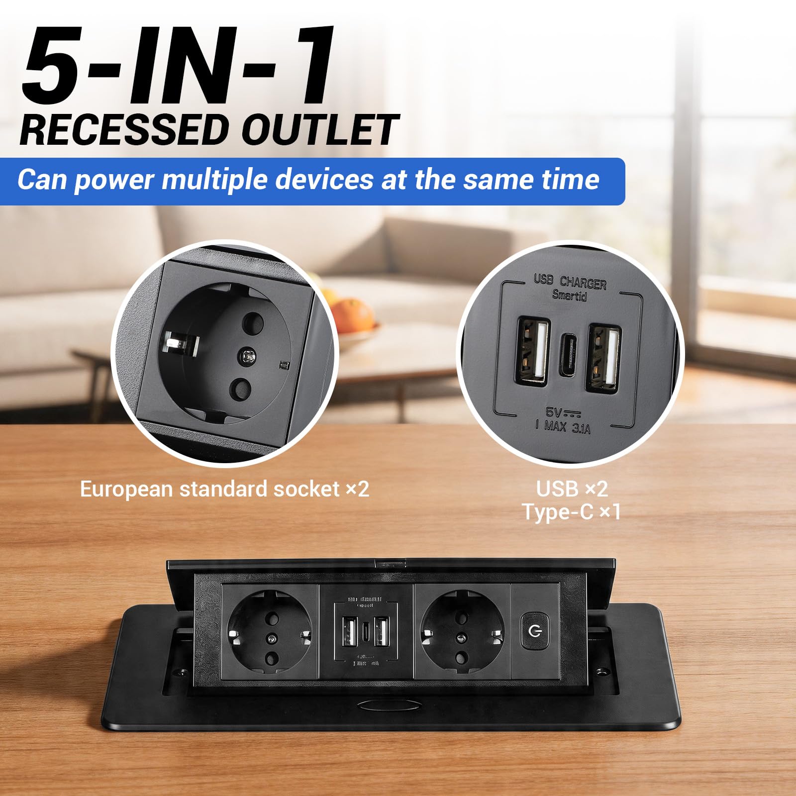CPROSP Multipresa a Scomparsa da Incasso con 2 Prese e 3 USB (2a+1c) | Specifiche: Multipresa a Scomparsa da Incasso con 2 Prese e 3 USB (2a+1c)