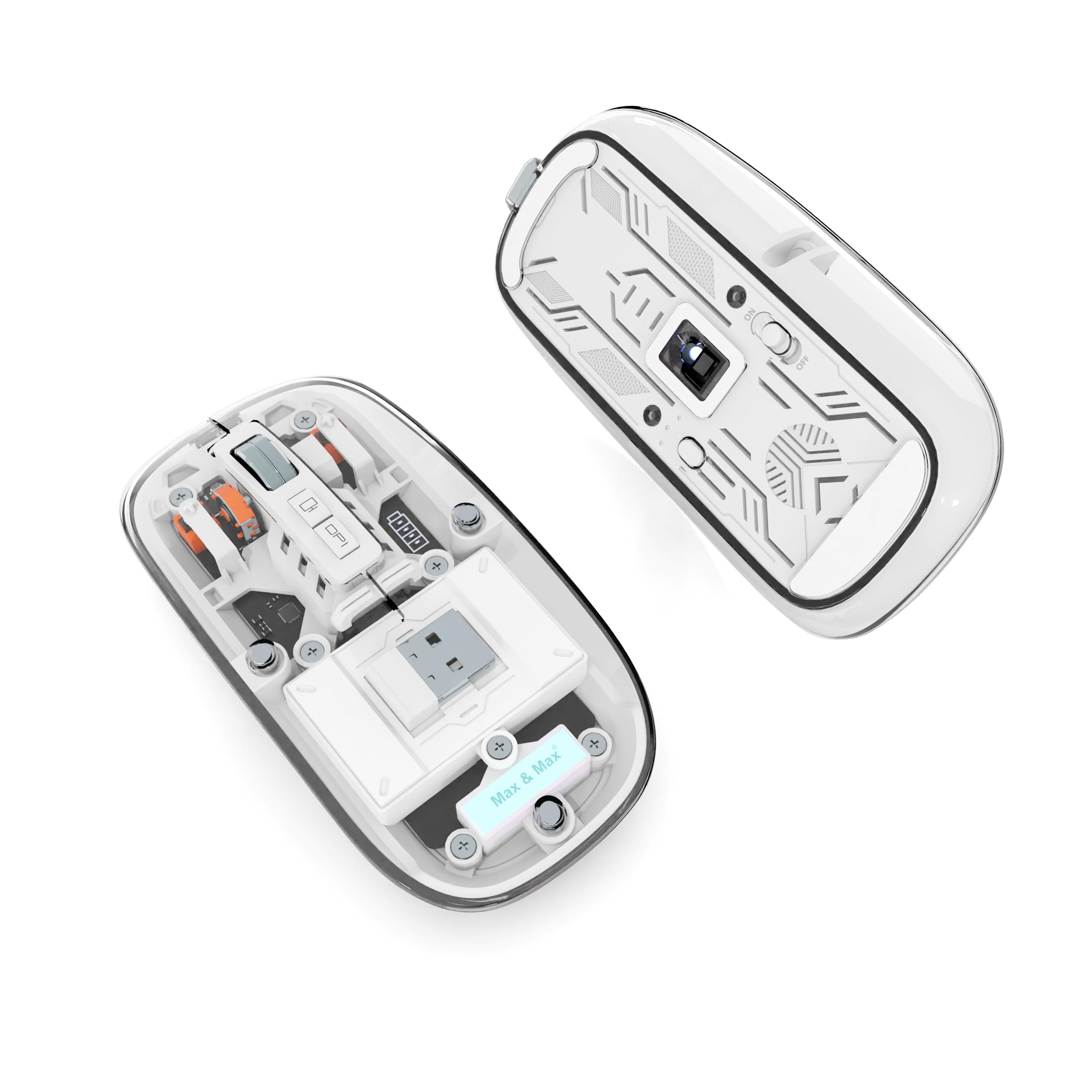 Max & MaxWireless Mouse Crystal Transparent, Gaming Adjustable DPI, Triple 2.4G Mode Switching Bluetooth 2, Rechargeable digital display Silent Mouse for PC Laptops Mac iPhone Android (White)