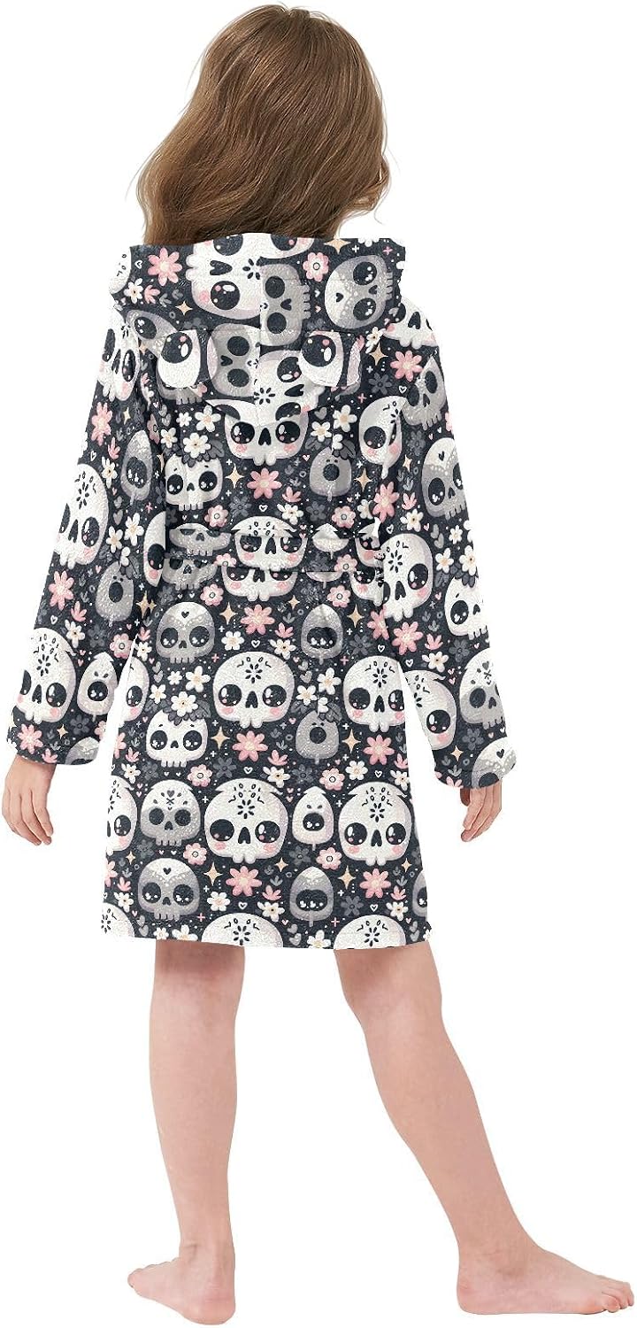 senya Skull Cute Flower Toddler Hooded Bathrobe Kids Soft Plush Bath Towel Robes for Boys Girls 2-12 Years
