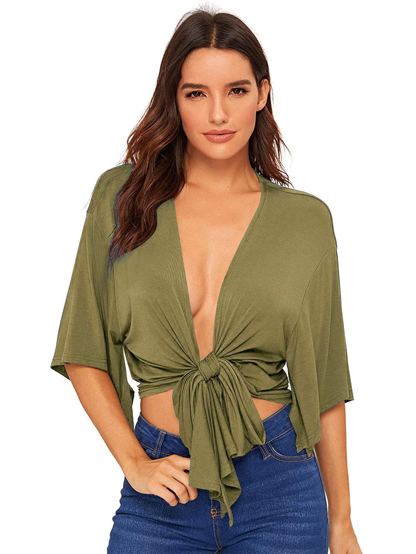WDIRARA Women's Short Sleeve Deep V Neck Tie Front Basic Solid Crop Top Amy Green S