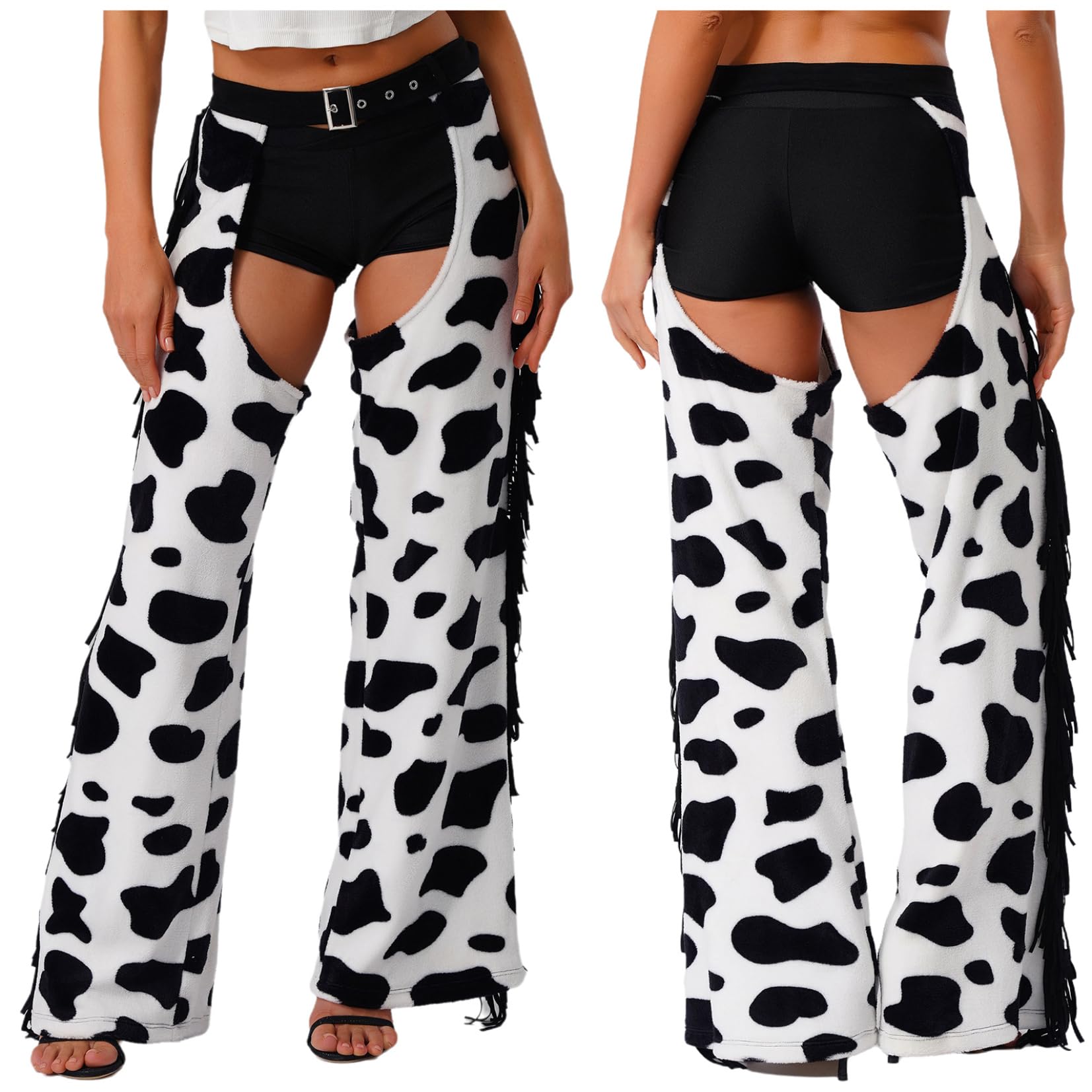 XUNZOO Carnaval Cosplay Cowgirl Chaps-Pantalon Long en Flanelle À Pois Vache Ouvert Entrejambe pour Vélo