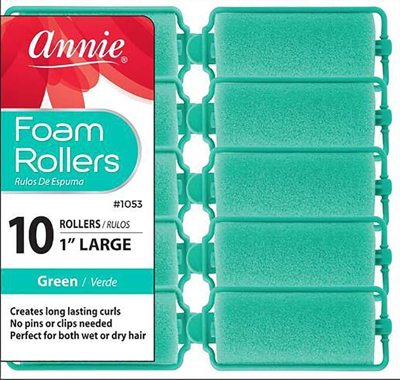Foam Hair Rollers Large 1 Inch, 10 Count Green Soft Sponge Curlers for Heatless Curls & Waves, No Pins or Clips Needed, For Wet or Dry Hair, Comfortable Overnight Set