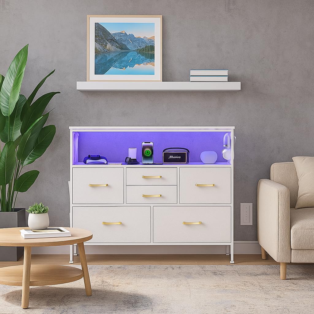 White Dresser for Bedroom Dresser, TV Stand with 6 Drawers, Bedroom Dresser with Power Outlets and LED Light, Fabric Dressers & Chests of Drawers with Shelves, Side Pockets & Hooks for 45" TV