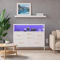 Vista 16 de Cómoda para dormitorio, soporte de TV con tomas de corriente y luz LED, cómoda de 6 cajones con bolsillos laterales y ganchos, cómoda ancha