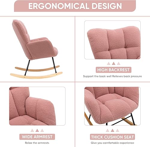 Miniatura 6 de KINFFICT Silla mecedora de terciopelo de peluche, sillón mecedora con carga para guardería, cómoda silla auxiliar para sala de estar, dormitorio