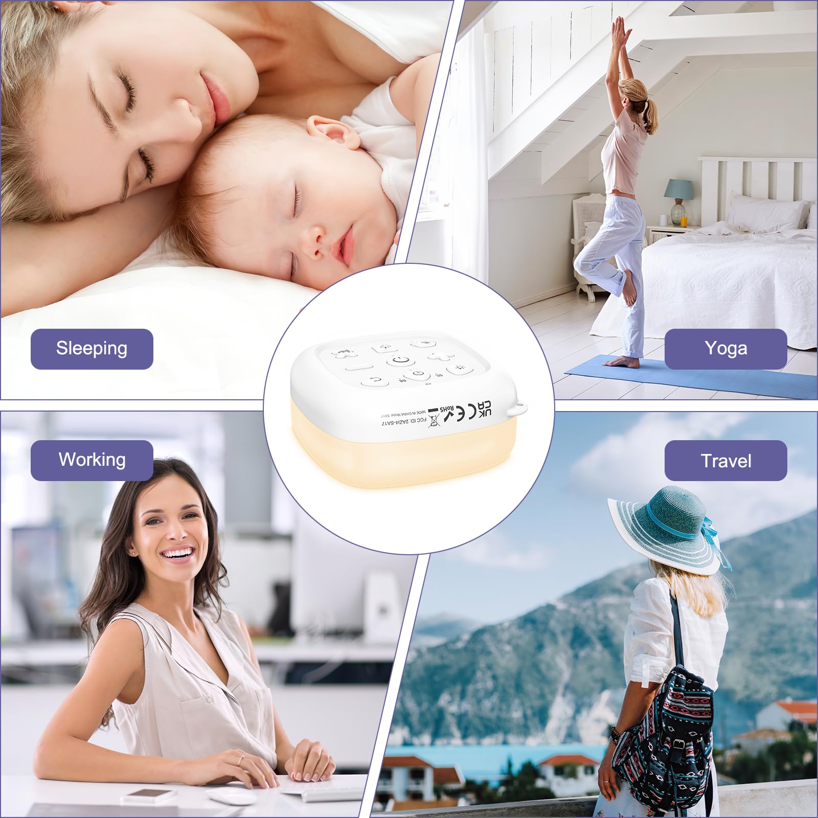 Machine à Bruit Blanc 24 sons, Haut-parleur sans Fil, 6 Luminosités Réglable, Machine à Bruit de Sommeil pour Bébé Enfant, Minuterie et Fonction Mémoire pour Yoga, Sommeil, Bureau, Voyage