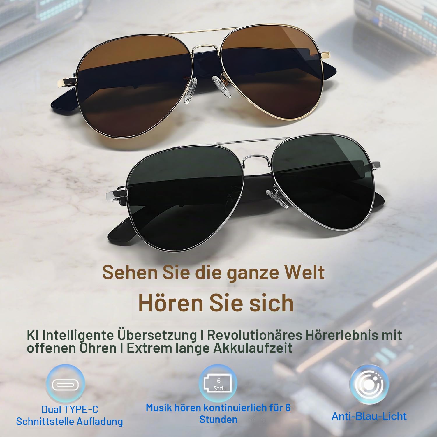 LONGLU Intelligente Brille, KI-Smart-Brille mit Hyper MZT App - Echtzeit-100+ Sprachübersetzung, Touch-Fotografie, UV400-Schutz & Bluetooth 5.4 (Braun)