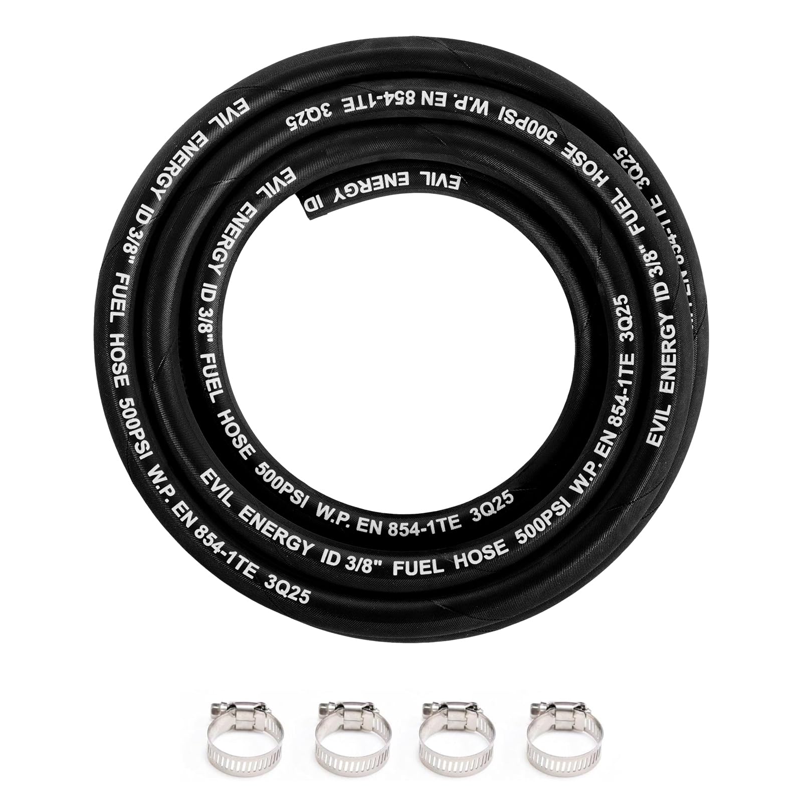 EVIL ENERGY 3/8" High Pressure Fuel Line Hose 10FT 435 PSI E85 for Fuel Systems Engines NBR Rubber EN854-1TE Black
