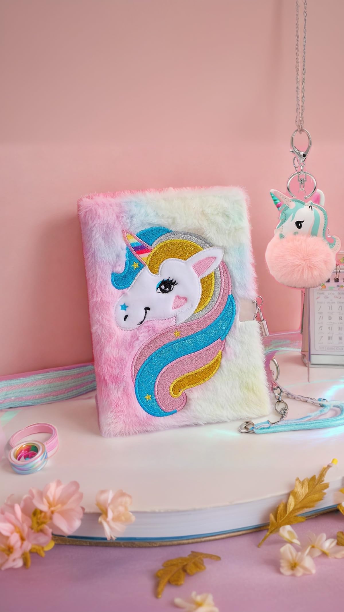 Sweet seven Fluffy Pink Unicorn Notebook Gift Set - Soft, Plush, and Stylish Stationery for Girls Includes Unicorn fur ball keychain and Dreamy Diary Writing Pad for Kids