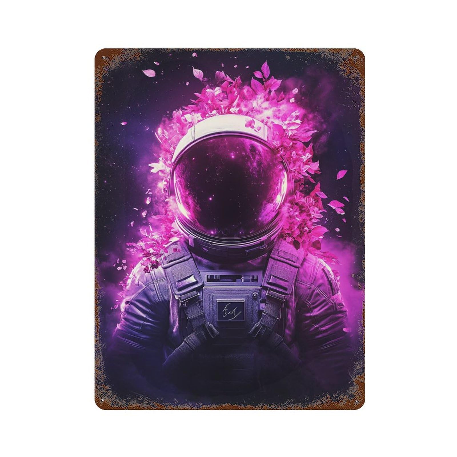 Cosmic Astronaut Floral Art Vintage Wall Sign 15.7"x11.8", Rust Effect Metal Decor for Basement, Hobby Room And Garage Decor