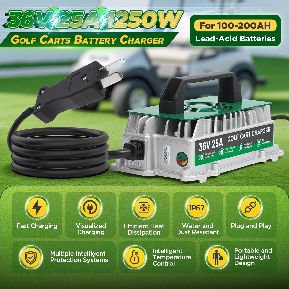 Caricabatteria da golf cart da 25 A, 36 V, per EZGO/Yamaha/Club Car 36 V, caricabatterie per golf cart IP67, impermeabile, completamente automatico, ricarica rapida intelligente con cavo da 16 m, per