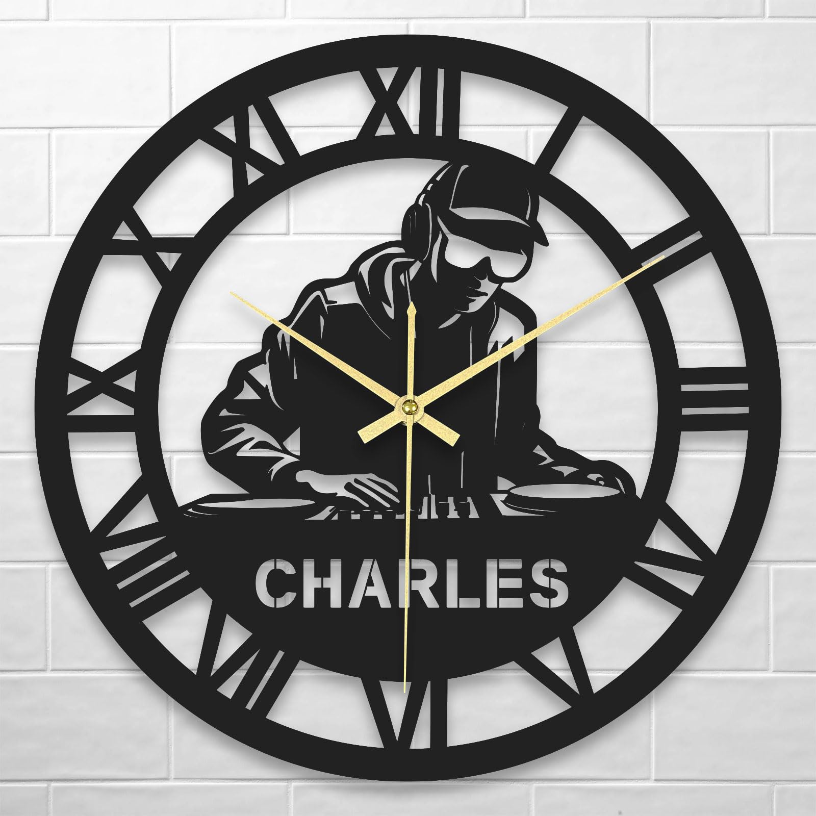 LINMQIU Personalised DJ Wall Clock with Name, Custom Round Acrylic Wall Clock, Large Acrylic Sign Wall Clock, Vintage Roman Numeral Clock for Bedroom Office Living Room Decoration, Housewarming Gifts