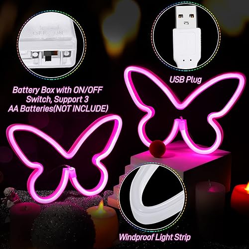 Miniatura 3 de Riakrum 2 letreros de neón de mariposa con luces LED, funciona con pilas, funciona con USB, funciona con USB, decoración de pared de mariposa para