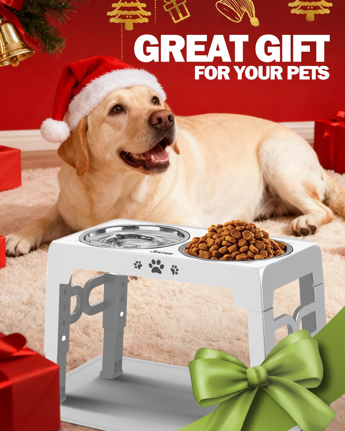 Jovrun Cuencos elevados para perros, soporte elevado ajustable de 5 alturas para perros medianos y grandes, comedero para perros con 2 cuencos de acero inoxidable y 1 cuenco de alimentación lenta para