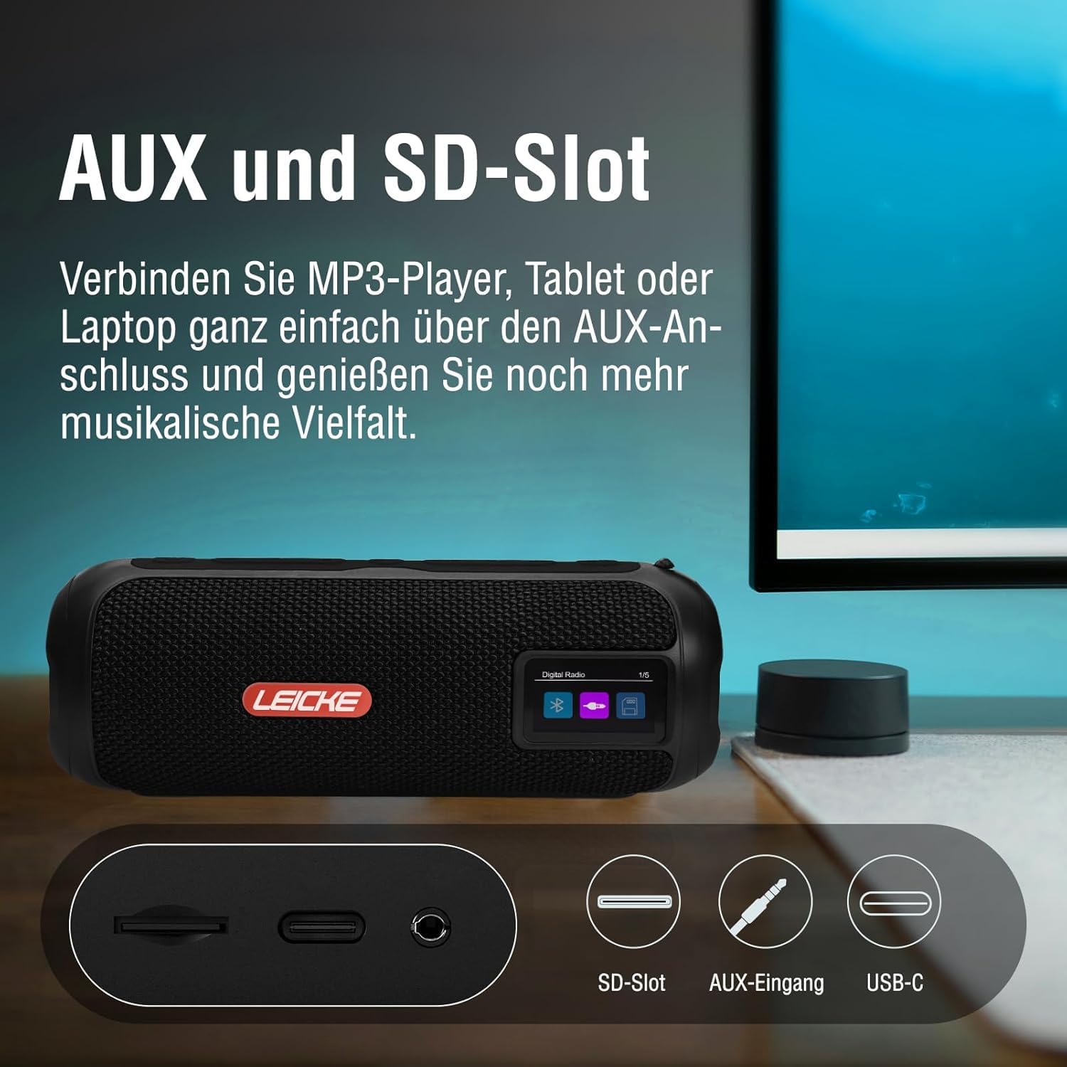 LEICKE DAB+ Radio Tube - Tragbarer Bluetooth Lautsprecher mit DAB+/FM, 4500mAh Akku, RGB-LED Lichter, 10W Stereo-Sound,Equalizer, USB-C-Ladung, Micro SD/AUX Anschluss, Netz- und Akkubetrieb, Schwarz