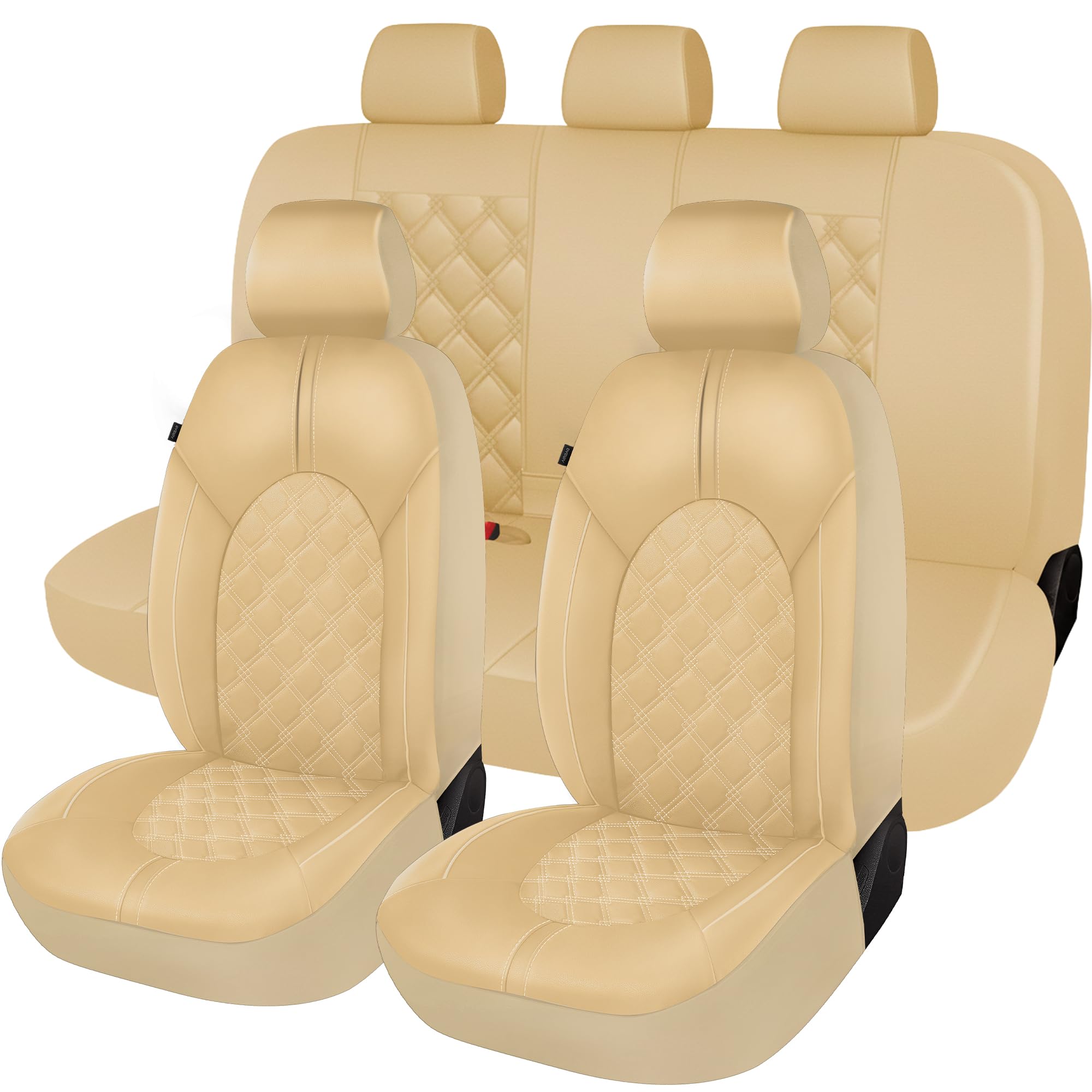 CAROMOP Luxury PU Leather Car Seat Covers Full Set-Waterproof Seat Protectors with Split Bench Seat Covers for Cars-Universal Cars Interior Covers for Sedans, SUVs, Pick-up Trucks(Beige/Beige Line)