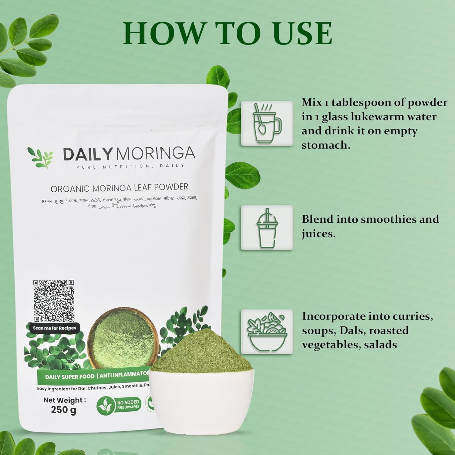 DailyMoringa Moringa powder (250 g) - Organic superfood for energy, immunity and healthy lifestyle