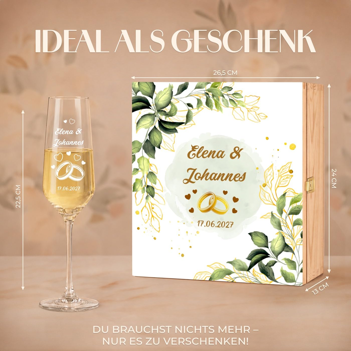 Maverton 2 Sektgläser mit Gravur in Holzkiste - Champagner Gläser 220ml - personalisierte Geschenke für Paar - Hochzeitsgeschenke für Brautpaar - Geschenk Hochzeit