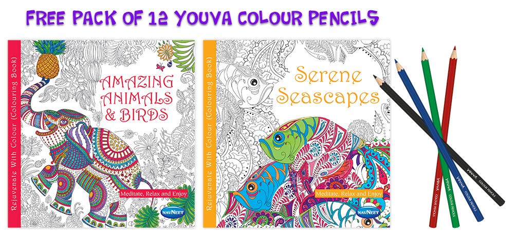 Navneet Adult Colouring Book (Pack of 2 Books with Free Pack of 12 Colour Pencils)
