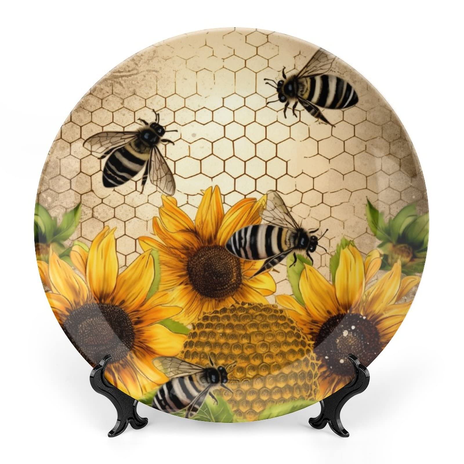 VHPVHP Bone China Decorative Plate, Vintage Sunflowers Ceramic Decorative Plate for Home Office Wall Decor, with Vertical Stand Decorative Plates for Home Club