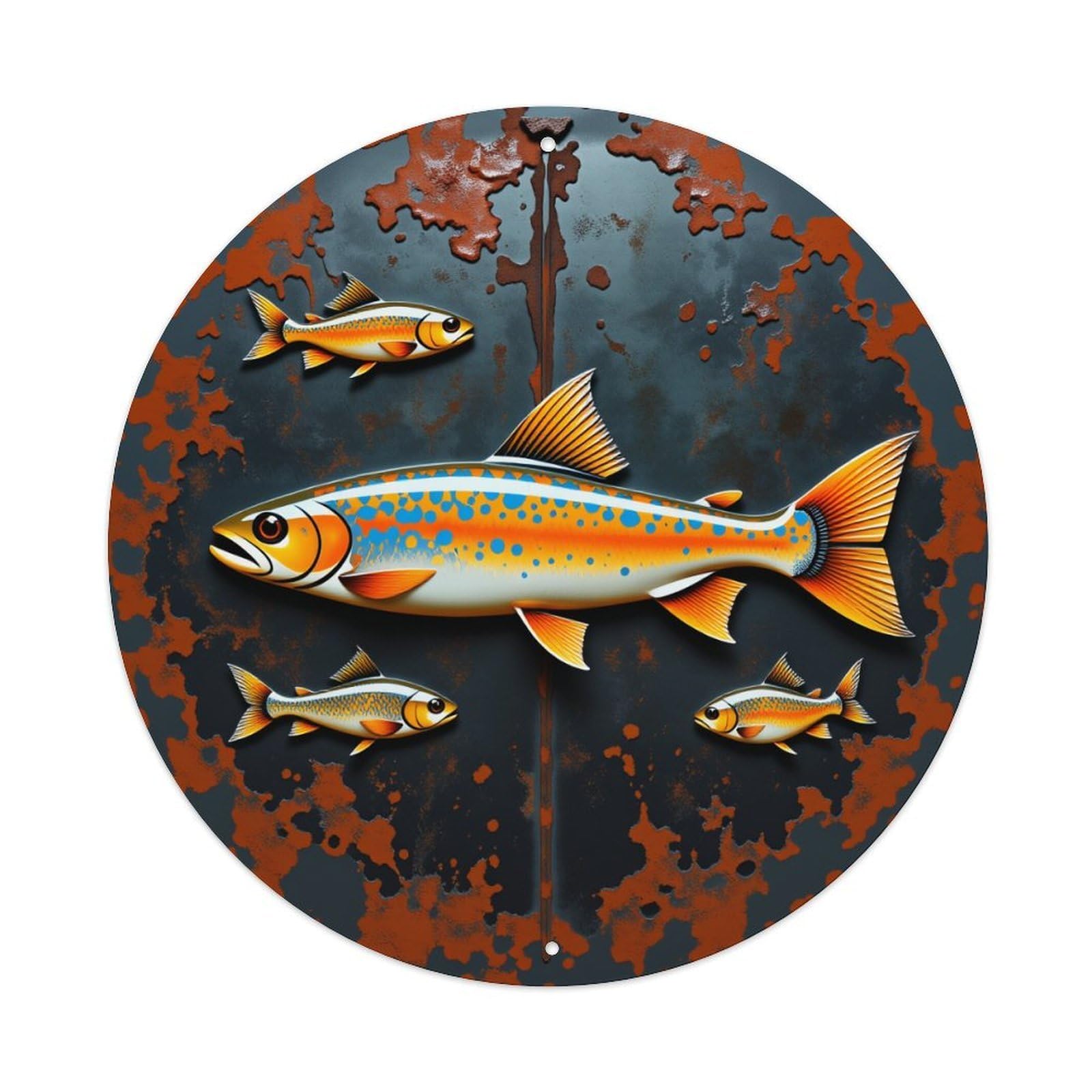 Colorful Trout On Rusty Background Vintage Metal Tin Sign Retro Wall Decor for Home Bar Garage Cafe, Indoor & Outdoor Decorative，circle Metal Poster, 8x8 Inch