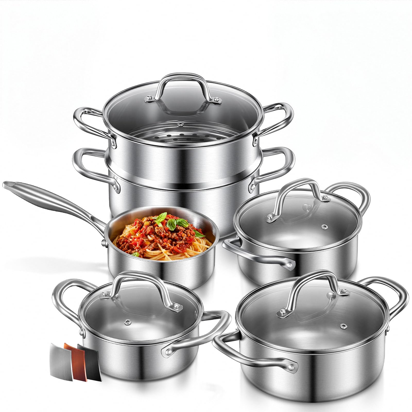 Batterie de cuisine 10 pièces en acier inoxydable 304 à trois couches, avec insert vapeur et couvercles en verre, passe au lave-vaisselle, convient à l'induction, argenté