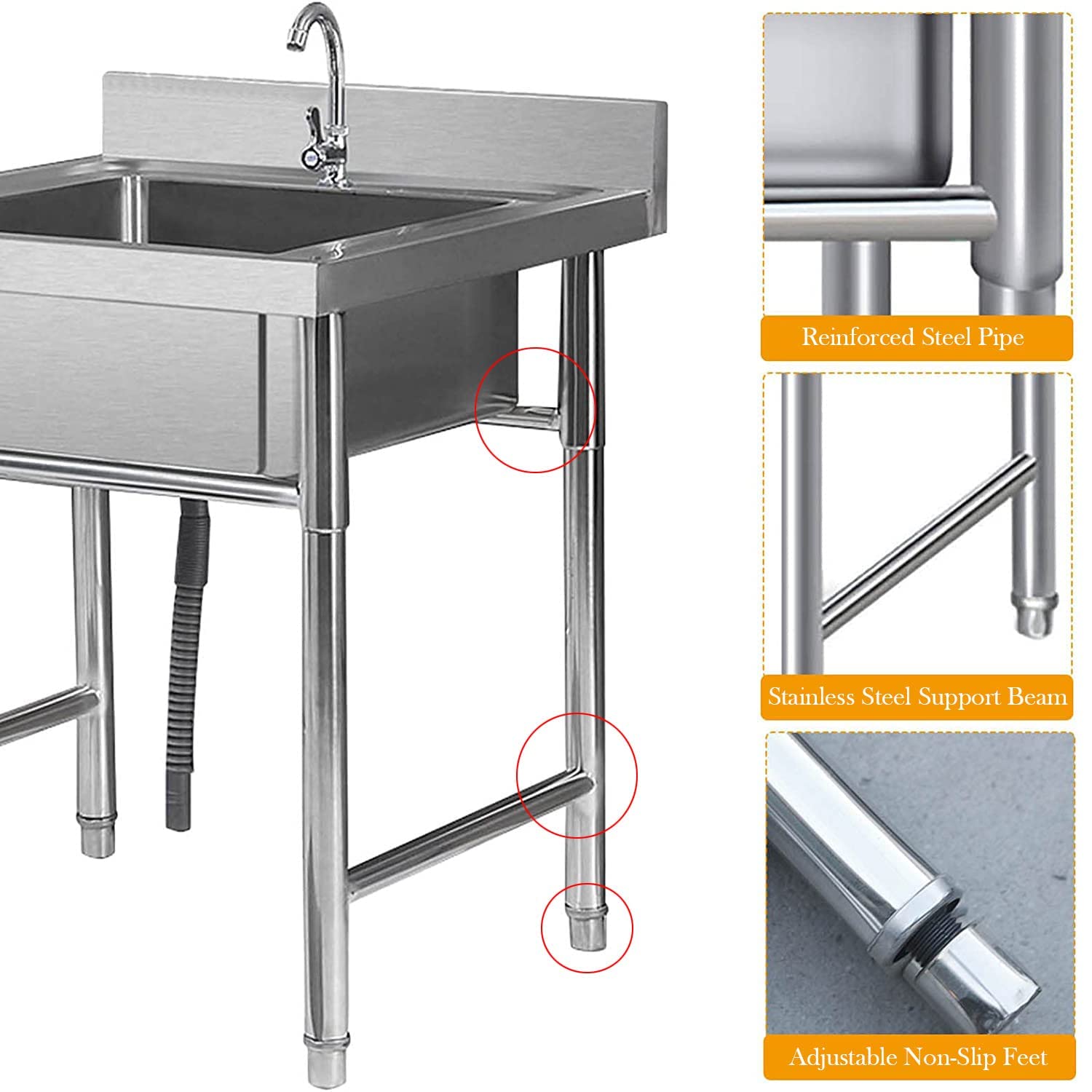 Lavello da Cucina in Acciaio Inox a Vasca Singola, Quadrato, da Incasso, autoportante, con Rubinetto, per Interni, Esterni, Bagno, Ristorante, Stile Rustico.