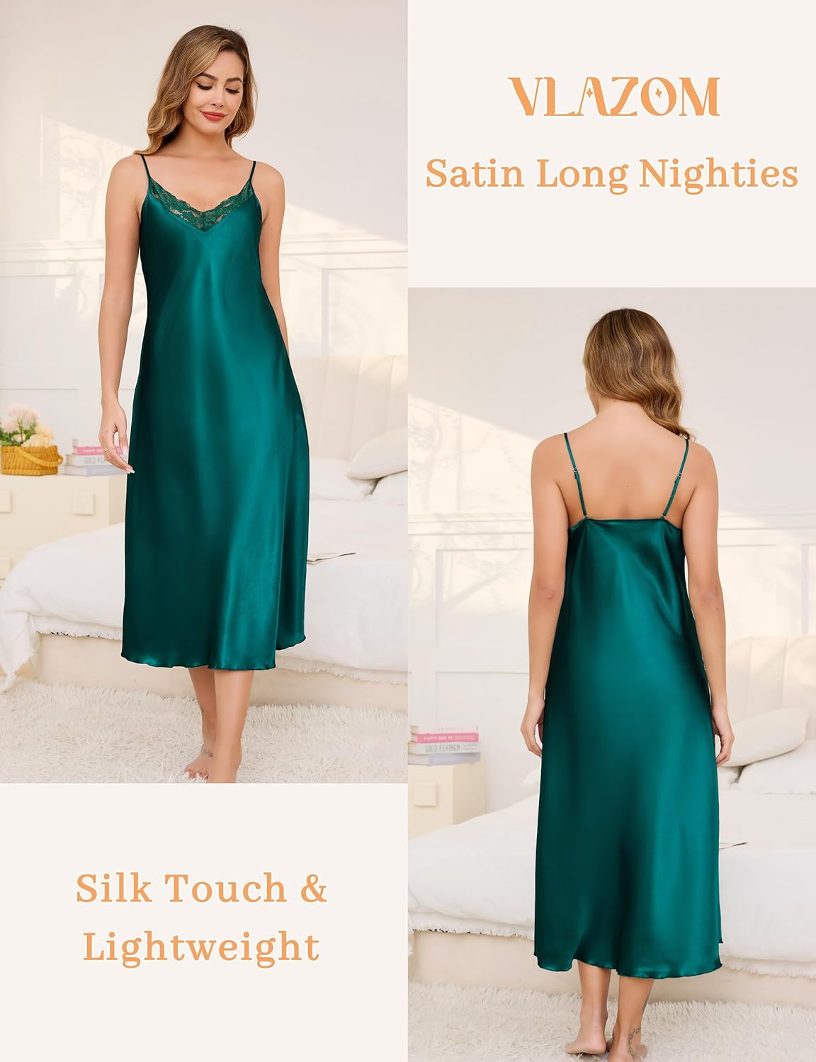Vlazom Women's Satin Nightgowns Sexy Lingerie Long Nightgowns Satin Silk Negligee V Neck Lace Chemise Sleepwear S-XXL - Image 2