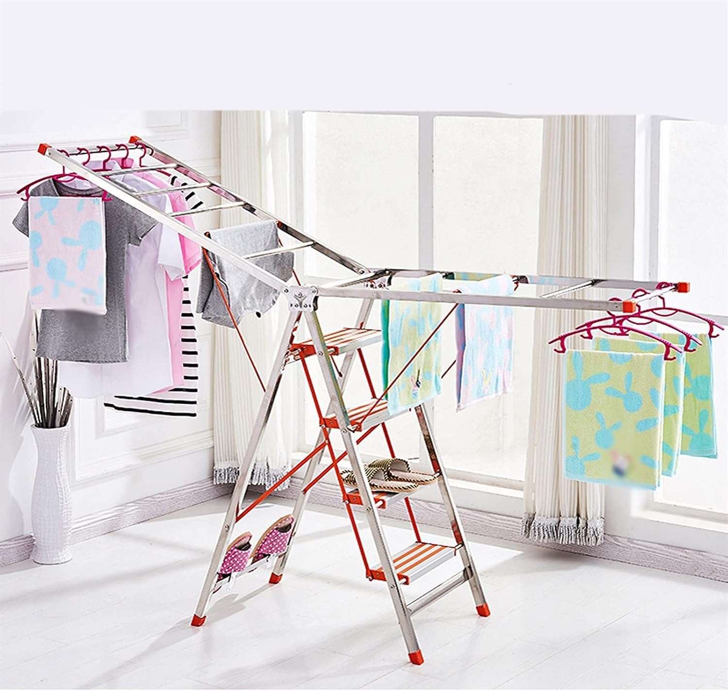 Habrur Tendedero Tendederos Plegables Tendedero De Ropa De Acero Inoxidable, Tendedero De Escalera, Tendedero De Doble Uso, Balcón, Suelo Plegable para Interiores Y Exteriores Tendedero Ropa Plegable