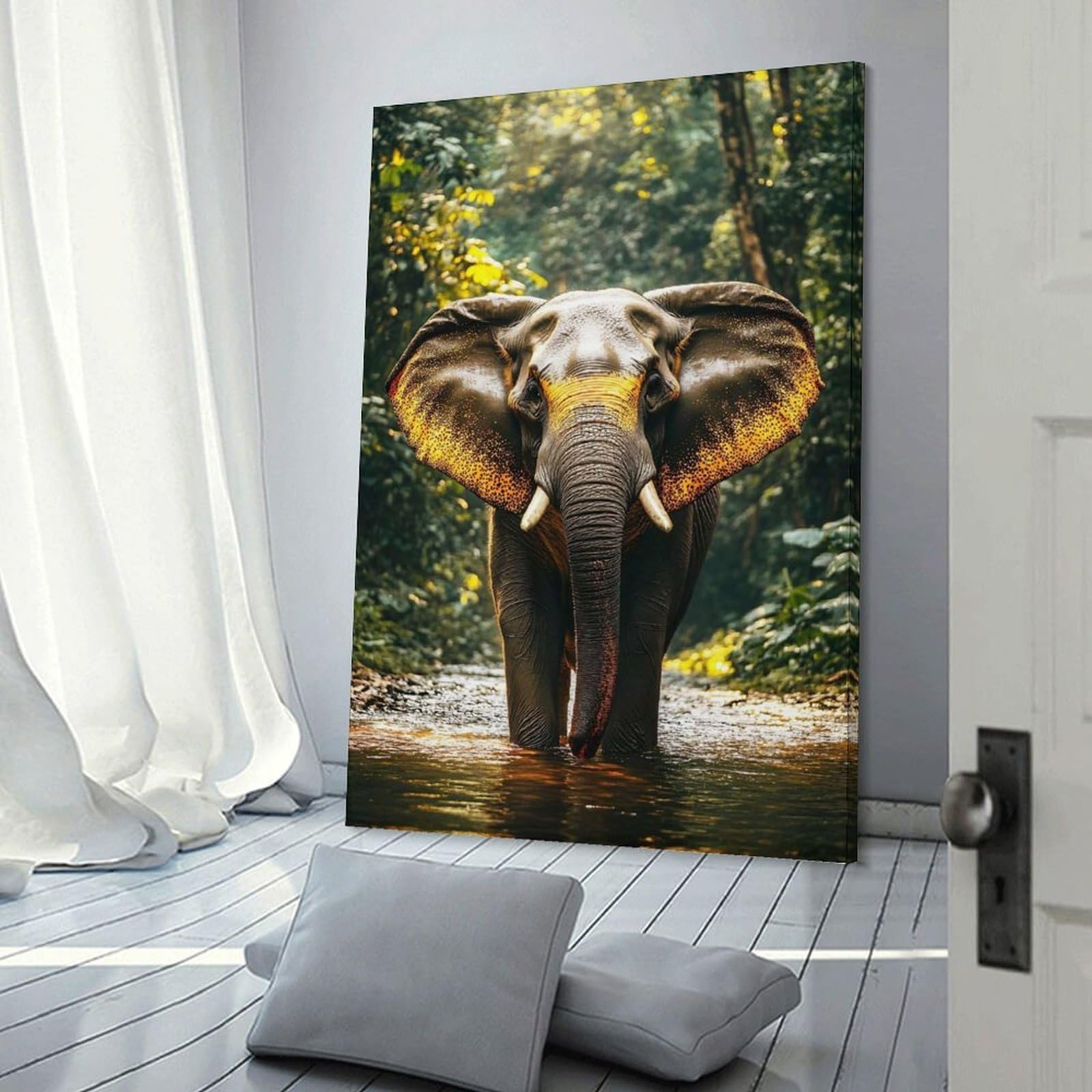 Junmoney Frame-Style-7 Elephant In Jungle River Room Decor Wall Art, 24X36inch(60X90cm), For Living Room, Bedroom, Office Or Hallway, Decorative Artwork With Broad Appeal