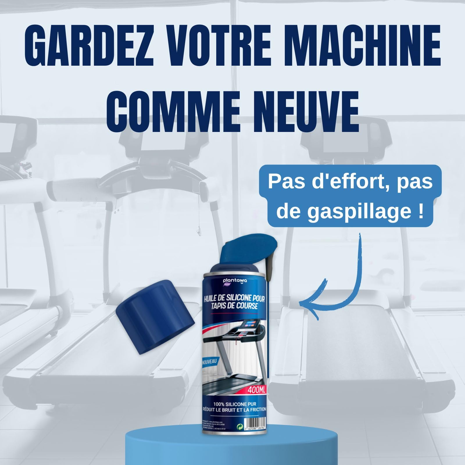 Plantawa Spray lubrifiant pour tapis de course 400 ml | Lubrifiant en silicone pour tapis de course. Idéal pour gymnases, tapis de course. Application précise. Convient à tous les tapis de course.
