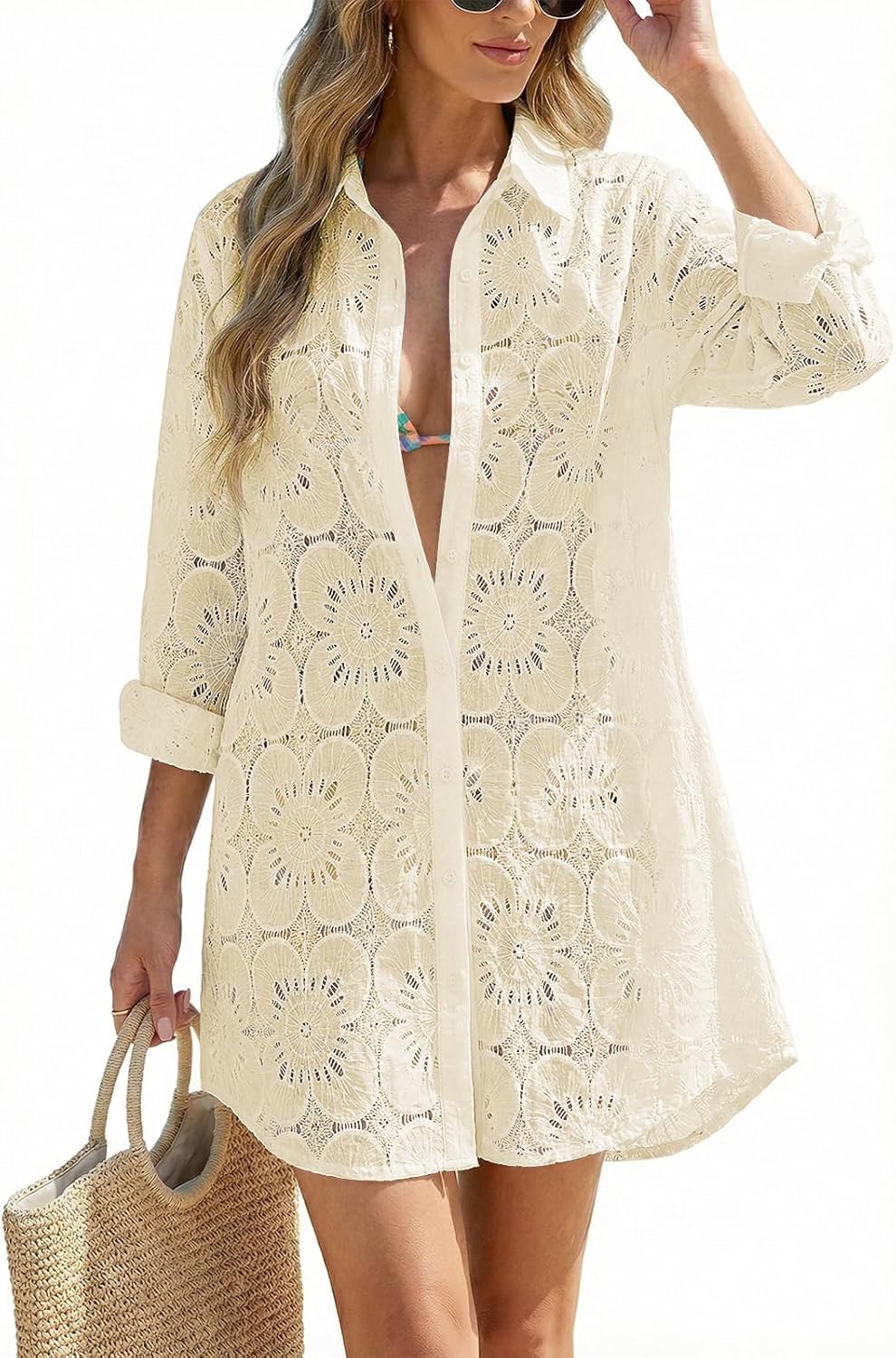 CiCiBird Women Swimsuit Coverup Blouse Eyelet Bathing Suit Cover Up Button Down Shirtdress Long Sleeve Beach Dresses