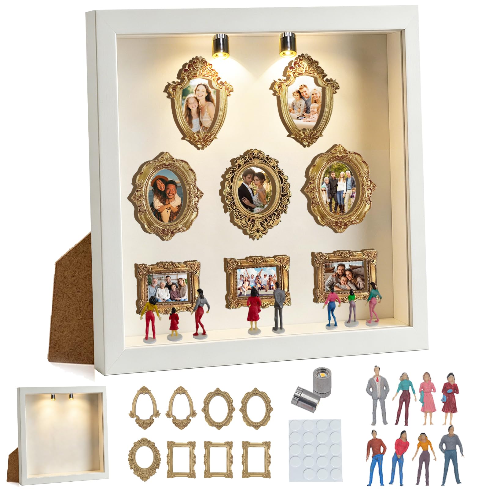 YOUYIKE Mini Muzeum Ramka na zdjęcia z diodami LED, zestaw do zrobienia własnej białej ramki Muzeum nas z 8 mini złotymi małymi obrazami i miniaturowymi figurkami do dekoracji wnętrz, prezent ślubny