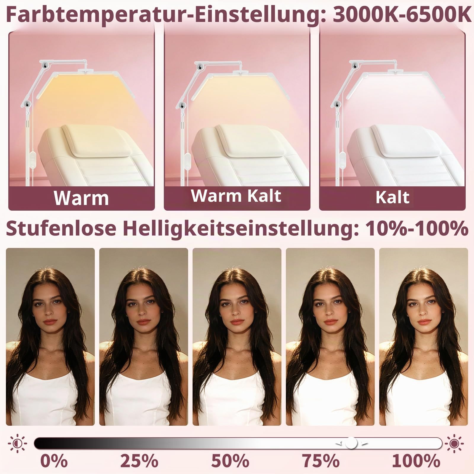 Diesisa Faltbar Flimmerfrei kosmetiklampe mit Rollgestell für Beauty Salon | Einstellbarer Höhe Beauty Lampe Kosmetik, Kosmetik Licht mit 360° Lampenköpfe für Studios, Wimpernverlängerung, Nageldesigns