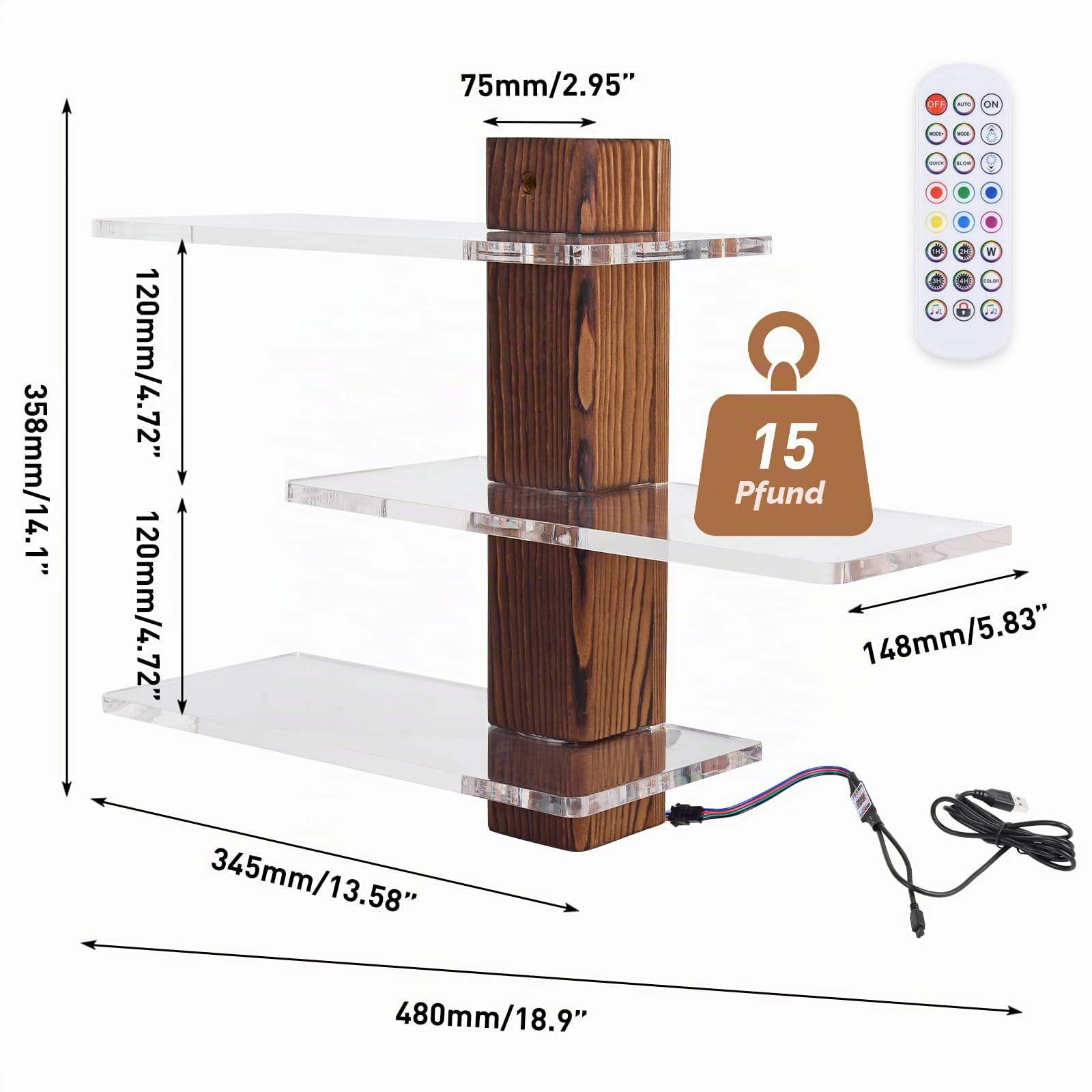 3-stöckiges Acryl-Wandregal mit RGB-Lichtern, LED-Vitrine für Sammlerstücke, Puppen, Bausteine, Parfums, kleine Pflanzen