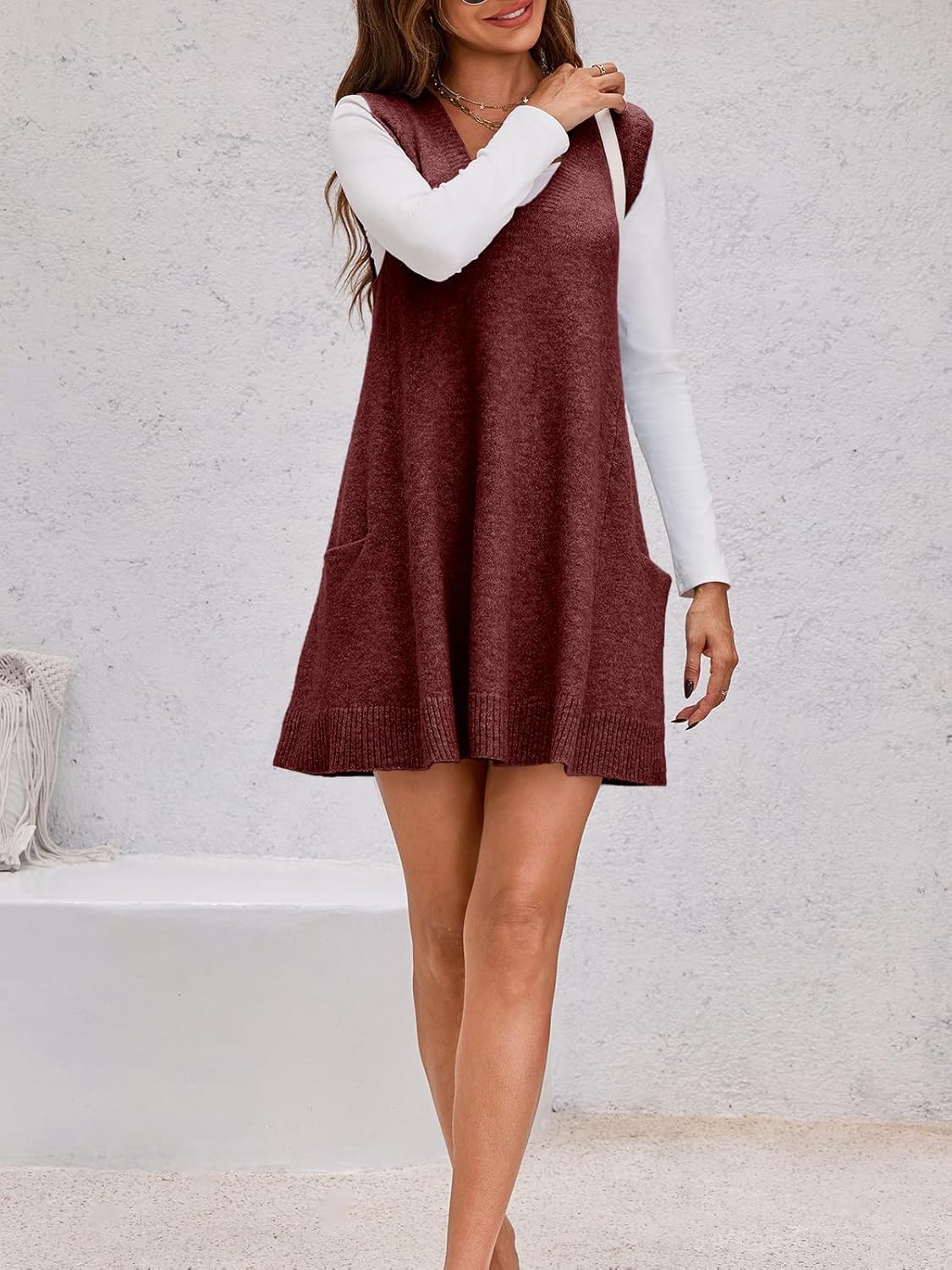 Saodimallsu Womens Sleeveless Sweater Vest V Neck Casual Loose Knit A Line Flattering Tunic Top with Pockets - Image 5