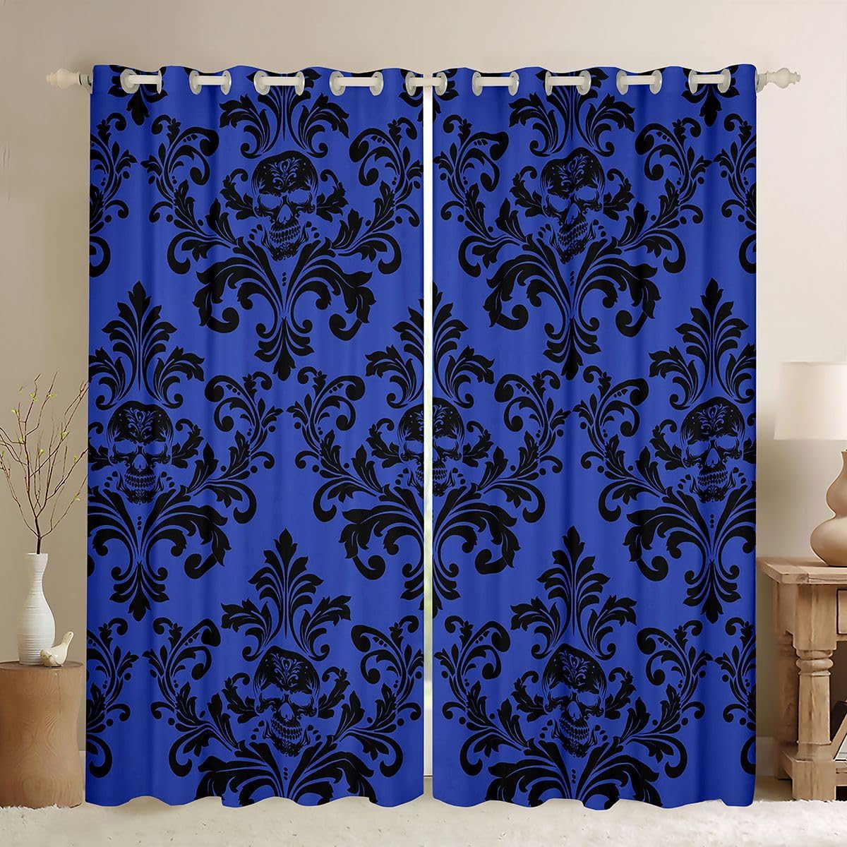 Castle Fairy Damask Skull Blackout Curtains Baroque Gothic Window Drapes Kids Teens Neutral Dark Vintage Window Treatments Grommet Top 2 Panel Set Curtains,52Wx63L Inch Black Blue