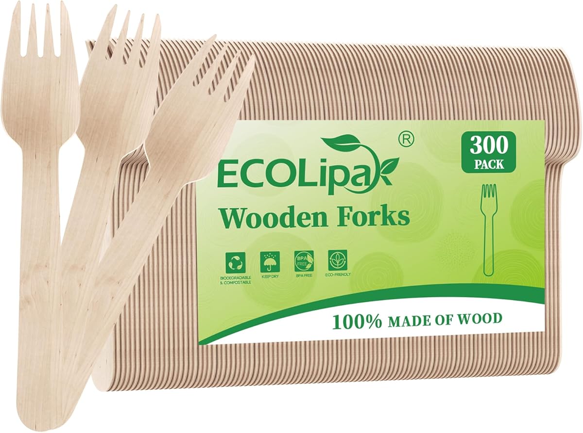 ECOLipak 300 Count Wooden Forks Disposable, Wooden Disposable Compostable Forks for Eating, Party, Camping, Traveling, Family Dinners