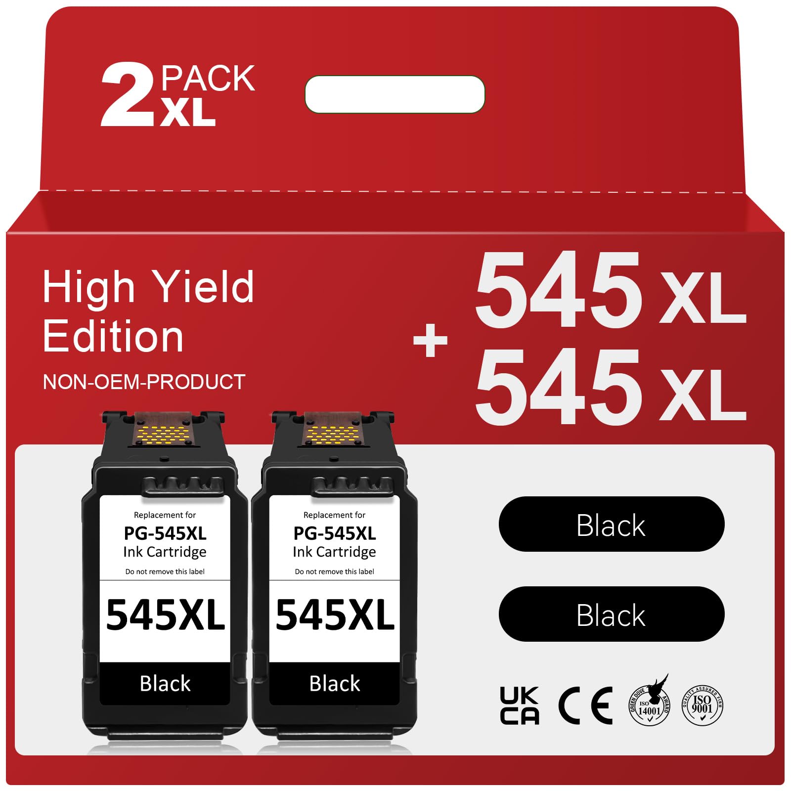 PG-545 Remanufactured Ink Cartridge - Black, 2 Pack for Canon 545, 545XL, Pixma TS3150, TS3350, TS3355, TS3100, TR4550, TR4551, iP2850, MX495, MG2950, MG3050 Printers