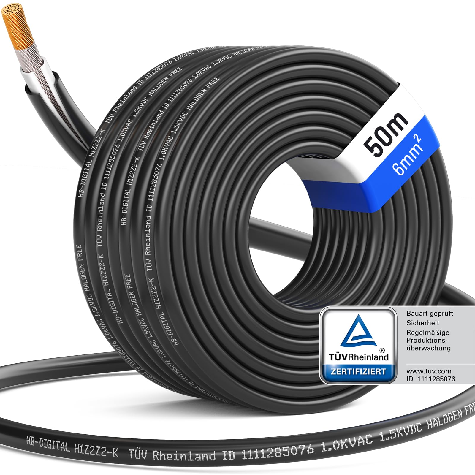 HB-DIGITAL 50m Câble solaire 6mm² Photovoltaïque H1Z2Z2-K - Certifié TÜV Rheinland - Résistant aux UV Flexible 1500V Cable PV pour Panneau solaire Régulateurs de charge Onduleurs - Noir