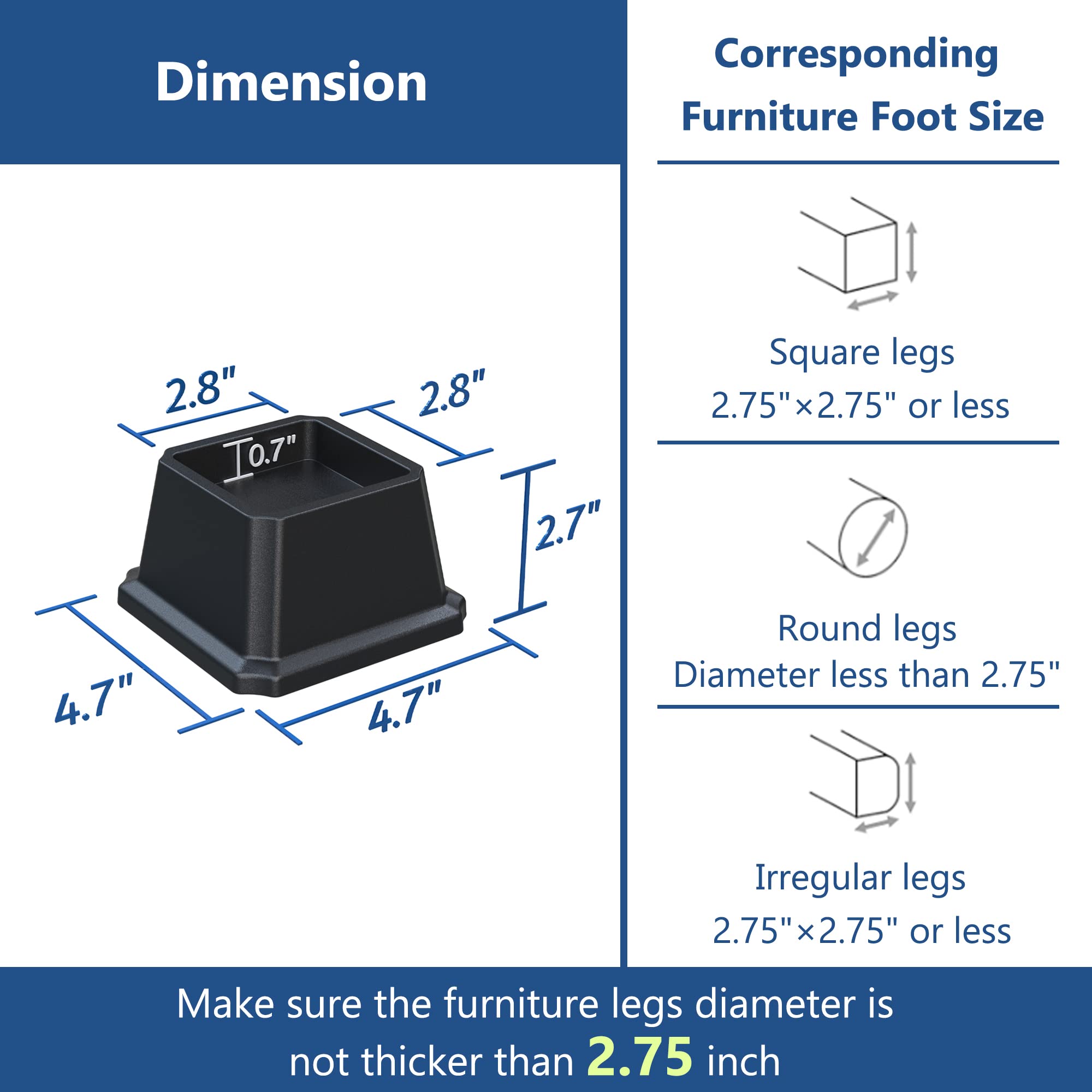 Elevadores de cama de 2 pulgadas resistentes, elevadores de muebles para marco de cama, sofá, escritorio, silla, levanta hasta 1.5 libras, juego de 8, negro