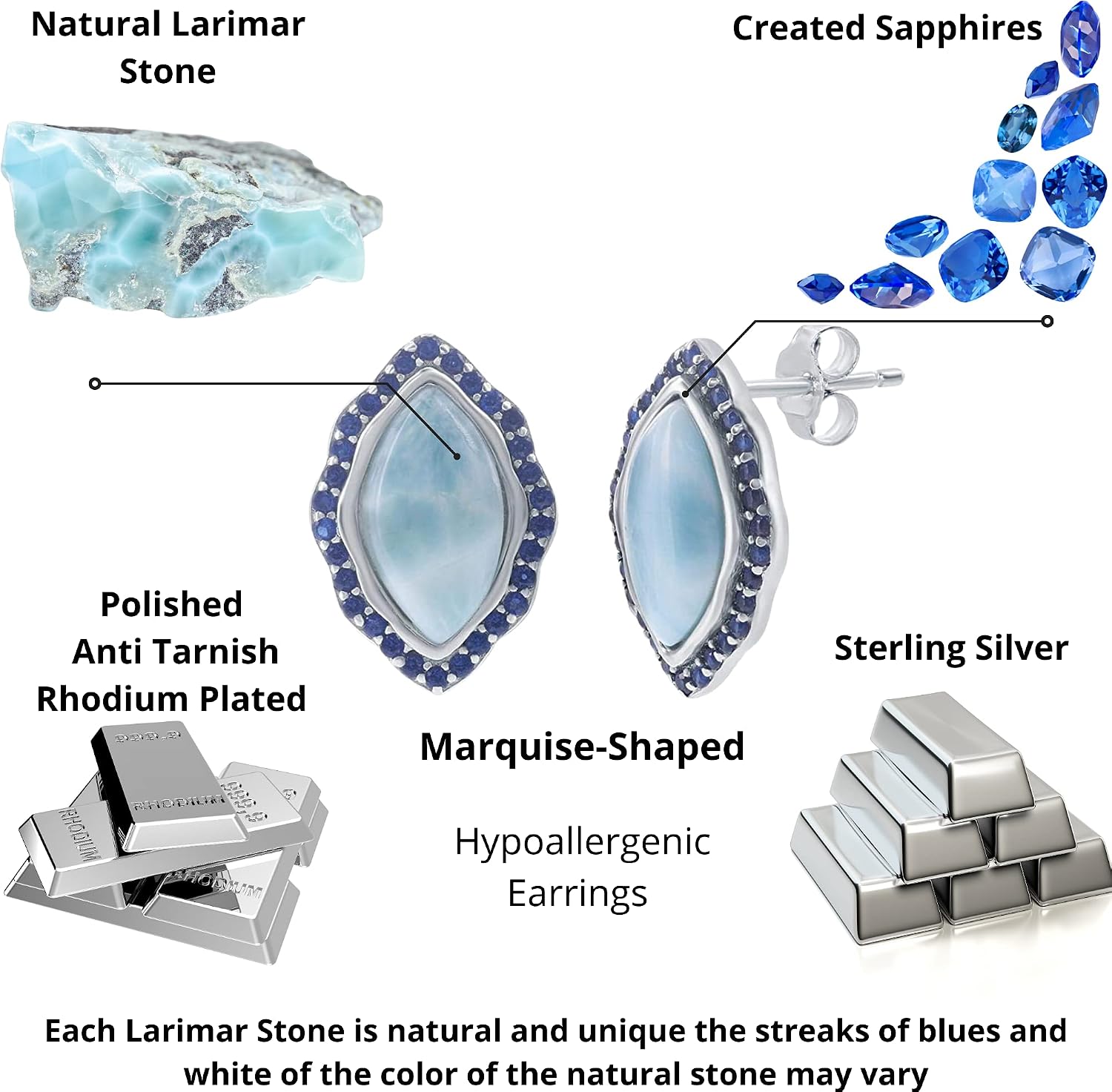 Sterling Silver Larimar Stud Earrings - Unique Natural Larimar Jewelry for Women - Earrings for Women - Beautiful Blue Natural Larimar Stones – Unique Hypoallergenic Larimar Earrings