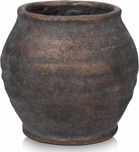 Rustic Vintage Ceramic Pottery Vase, 6.1'' Farmhouse Table Decor with Distressed Texture, Wide Mouth Decorative Jar Vases for Home Decor, Shelf & Entryway, Brown