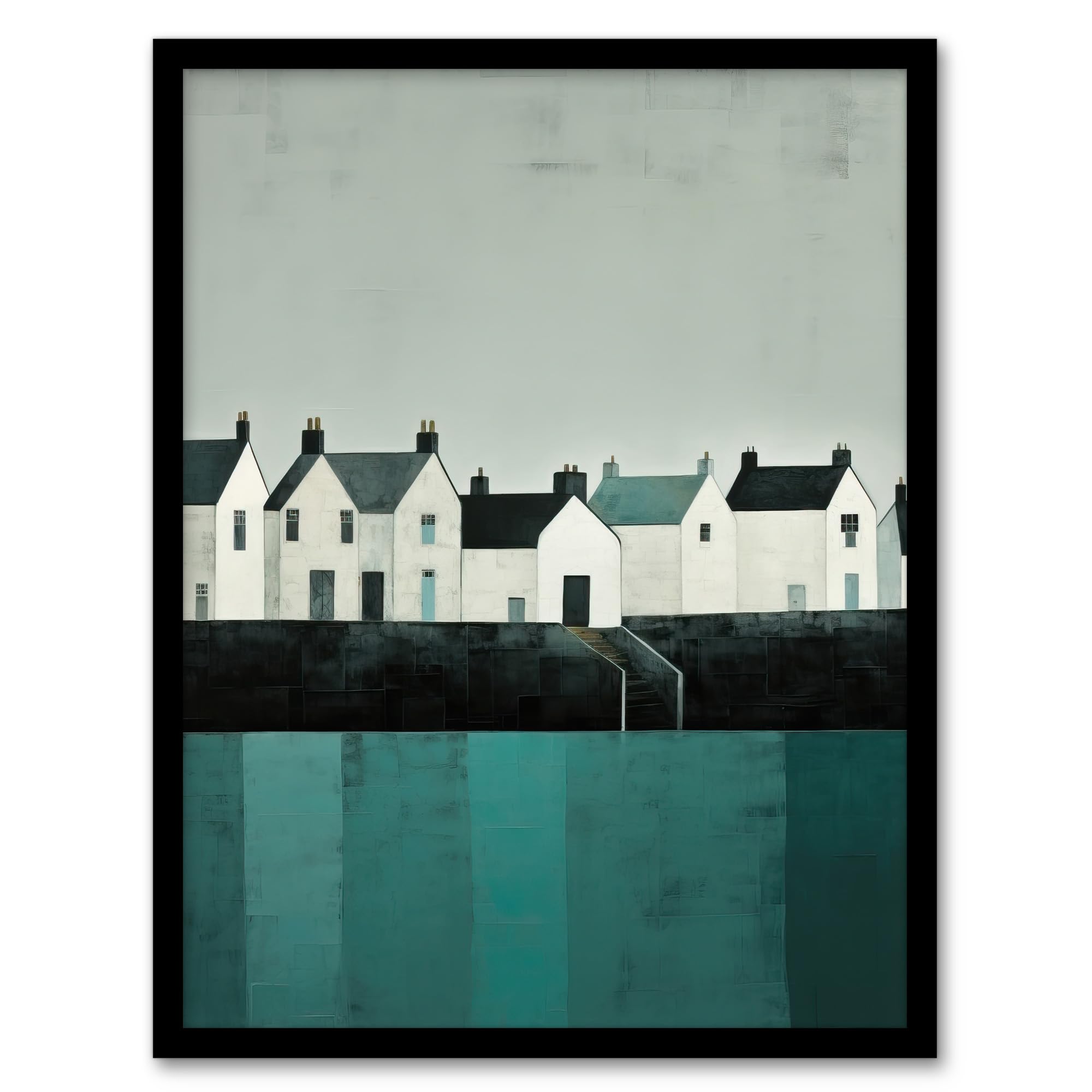 Wee Blue Coo Framed A4 Scottish Harbour Morning Grey Sky Quiet Sea Town Teal Blue Grey Oil Painting Artwork Framed Wall Art Print A4
