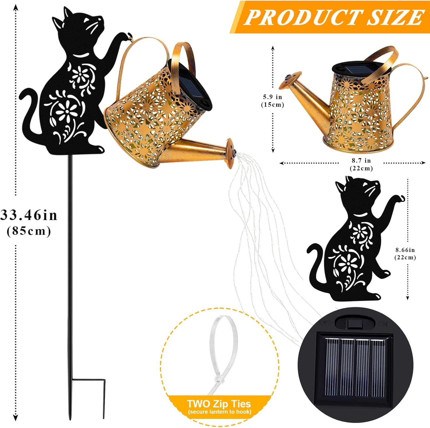 Solar Lights Outdoor Decorative, Watering Can with Cascading Lights, with Cat Silhouette Garden Stakes, Gifts for Mom Women, Waterproof Metal Garden Decor for Yard Art, Outside, Patio, Lawn Ornaments - Image 7