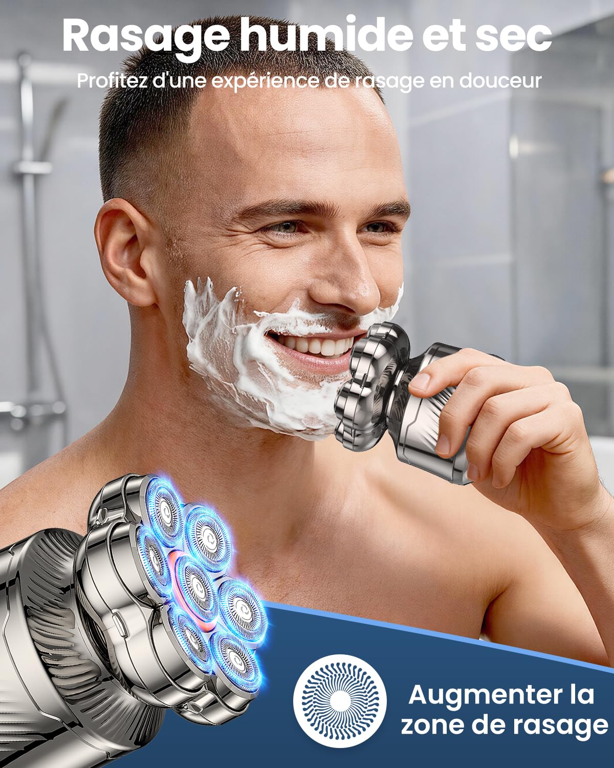 Rasoir Crâne Homme 7D, Rasoir Électrique 6 en 1 avec Têtes Flottantes, Tête Magnétique Amovible, Rasage Humide et Sec, Écran LED, Charge USB-C, Tondeuse Nez, Tondeuse Cheveux et Corps