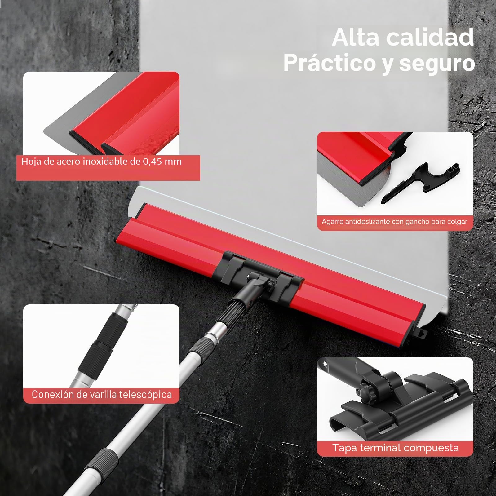 Juego de 3 espátulas para juntas con mango telescópico, espátula ancha de acero inoxidable para superficies lisas en paredes, techos, esquinas – ajustable, fácil de cambiar y almacenar