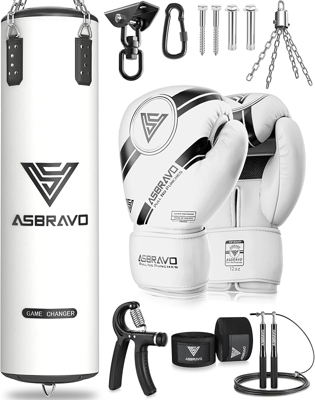 ASBRAVO 4 lábas nehéz ütőzsák szett 12 oz kesztyűvel MMA Muay Thai edzéshez - White